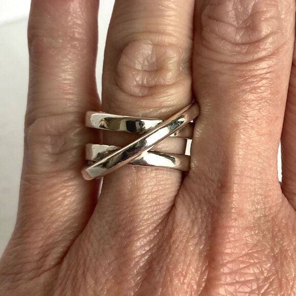 Sterling Silver 925 Asymmetric Criss Cross Lines Saturn Band Ring Sz 7 - Picture 2 of 16